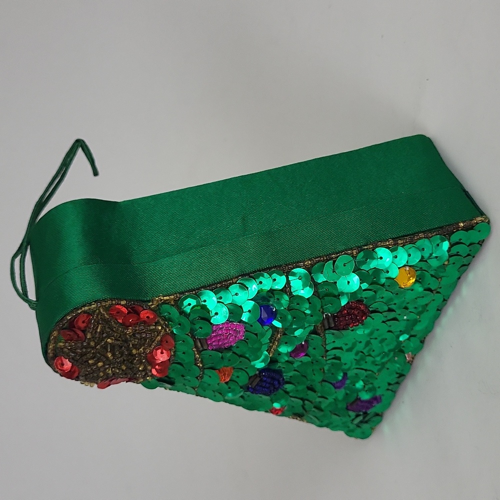 Vtg 90s Christmas Beaded Sequin Christmas Tree Trinket Gift Box Ornament